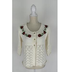 CB Career VTG Knit Cardigan Sweater Holiday Poinsettia Christmas Womens Large